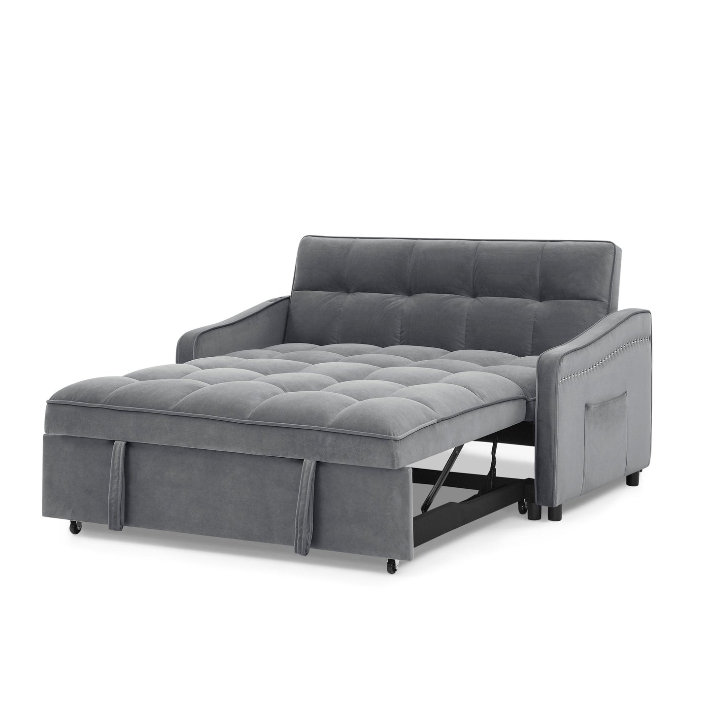 NEW Grey Copper Nail Loveseat Sofa Bed with Pull-out Bed Adjustable Back and Two Arm Pocket TypeC USB Charging