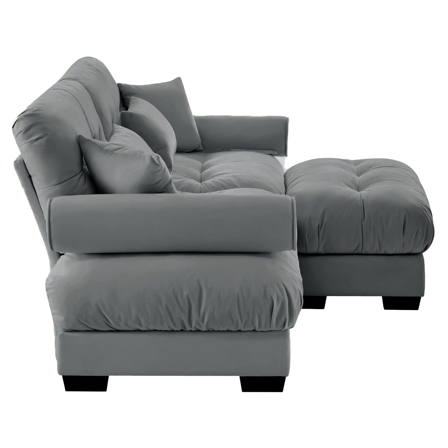 NEW Modern Grey Velvet Two-Seater Sofa with Ottoman and Round Bolster Armrests L Shape