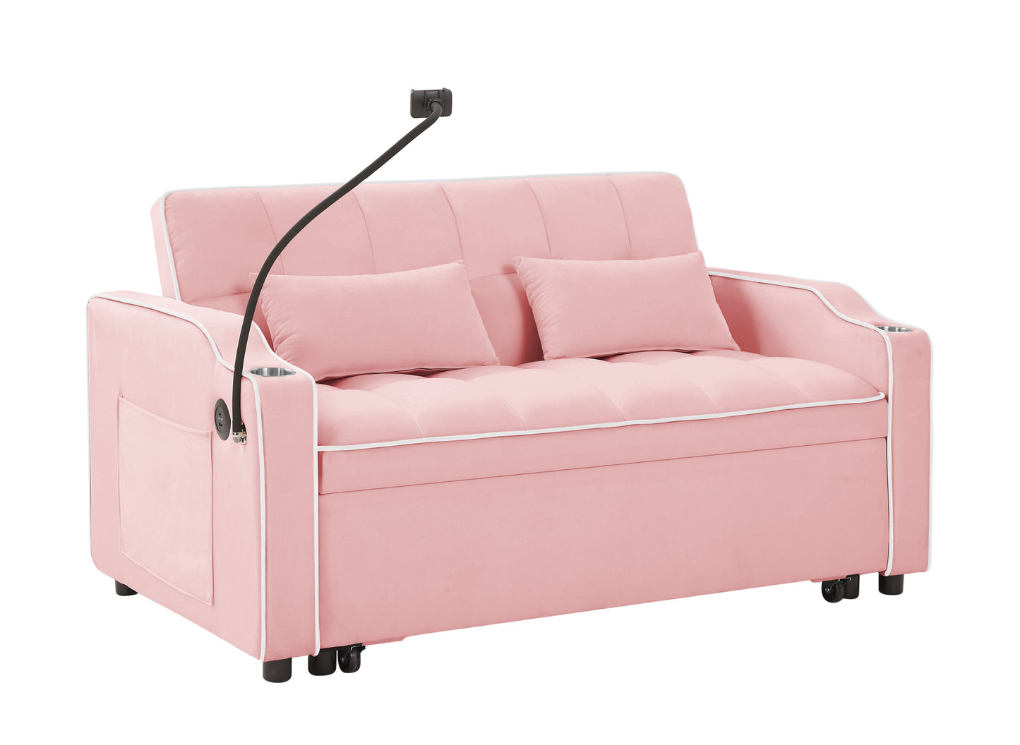 NEW 1 versatile foldable sofa bed in 3 lengths, modern sofa sofa sofa velvet pull-out bed, adjustable back and with USB port and ashtray and swivel phone stand (pink)
