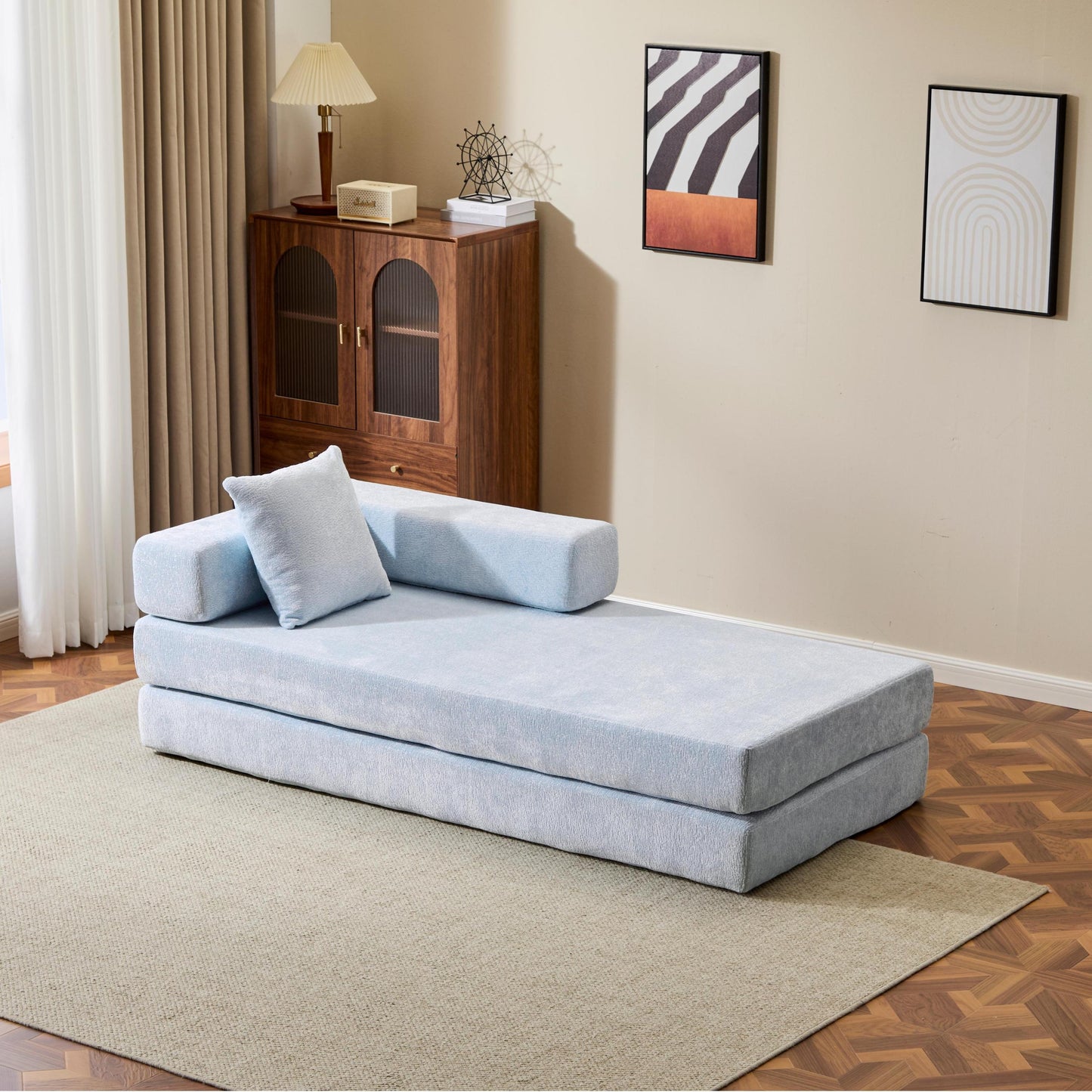 NEW Light Blue Chenille Fabric Floor Couch Compression Convertible Sofa Bed with Pillow Back Support Armrest Comfy Futon Couch Lounge Sleeper Bed