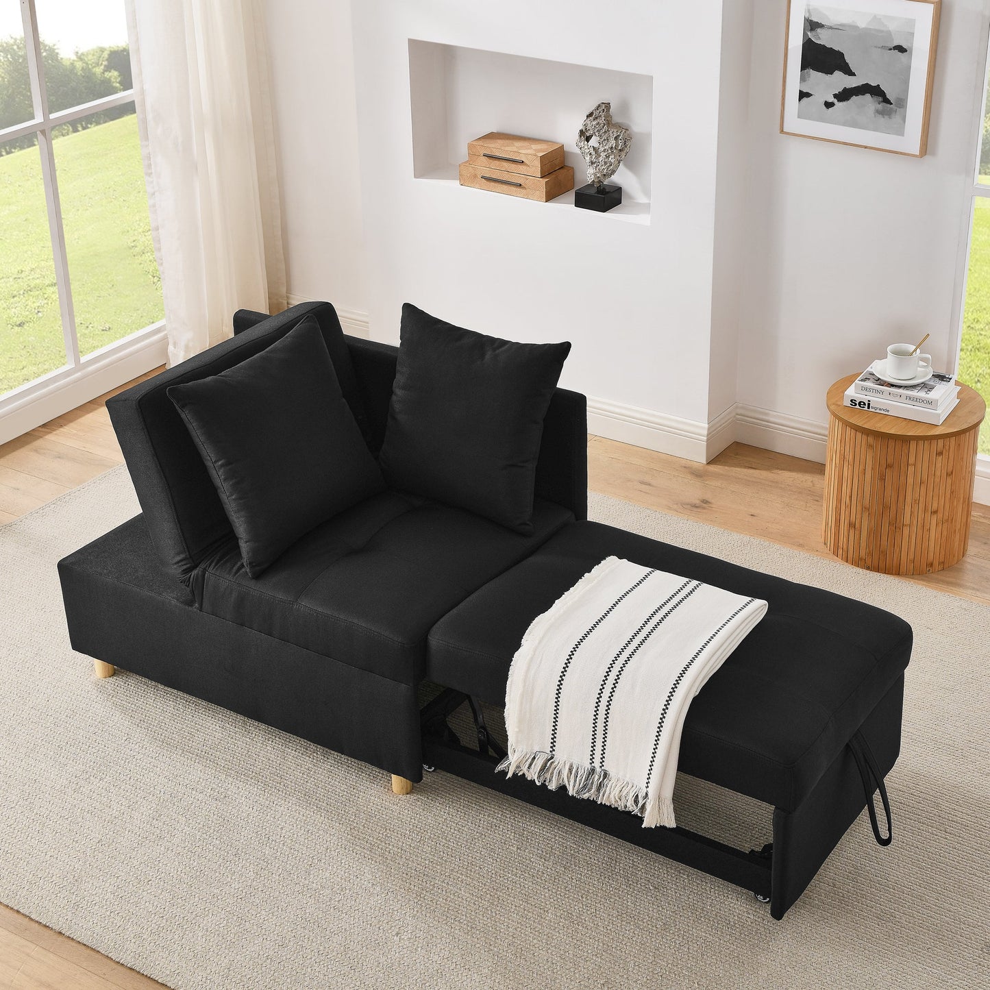 NEW Convertible Sleeper Sofa Chair Adjustable Backrest Recliner with Pullout Sofa Bed with Wheels, Modern Linen Fabric for Living Room for Tight Spaces, Black