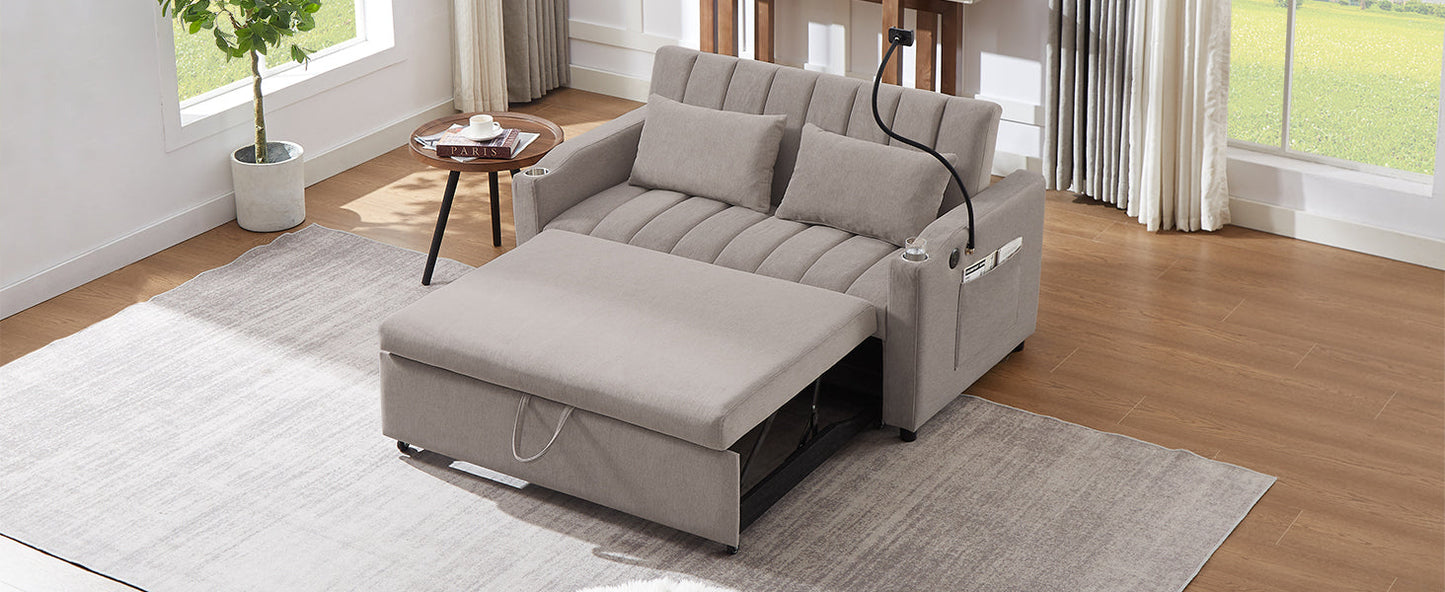 NEW Convertible Sofa Bed Loveseat with USB Ports, Side Pockets, Cup Holders & Swivel Phone Holder, Light Grey Bella Fabric