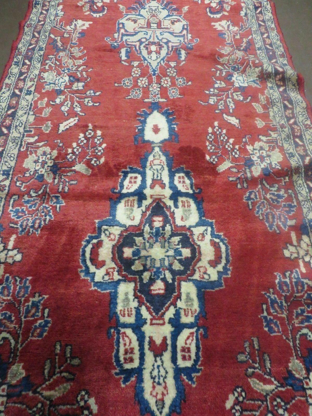 USED Persian Runner Rug 3 x 12, Antique Wool Oriental Runner, Floral Vases, Red & Navy Blue