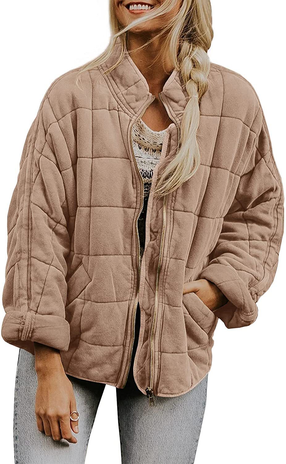 New Winter Zip-up Stand Collar Coat With Pockets Fashion Solid Color Plaid Long Sleeved Jacket Women's Clothing