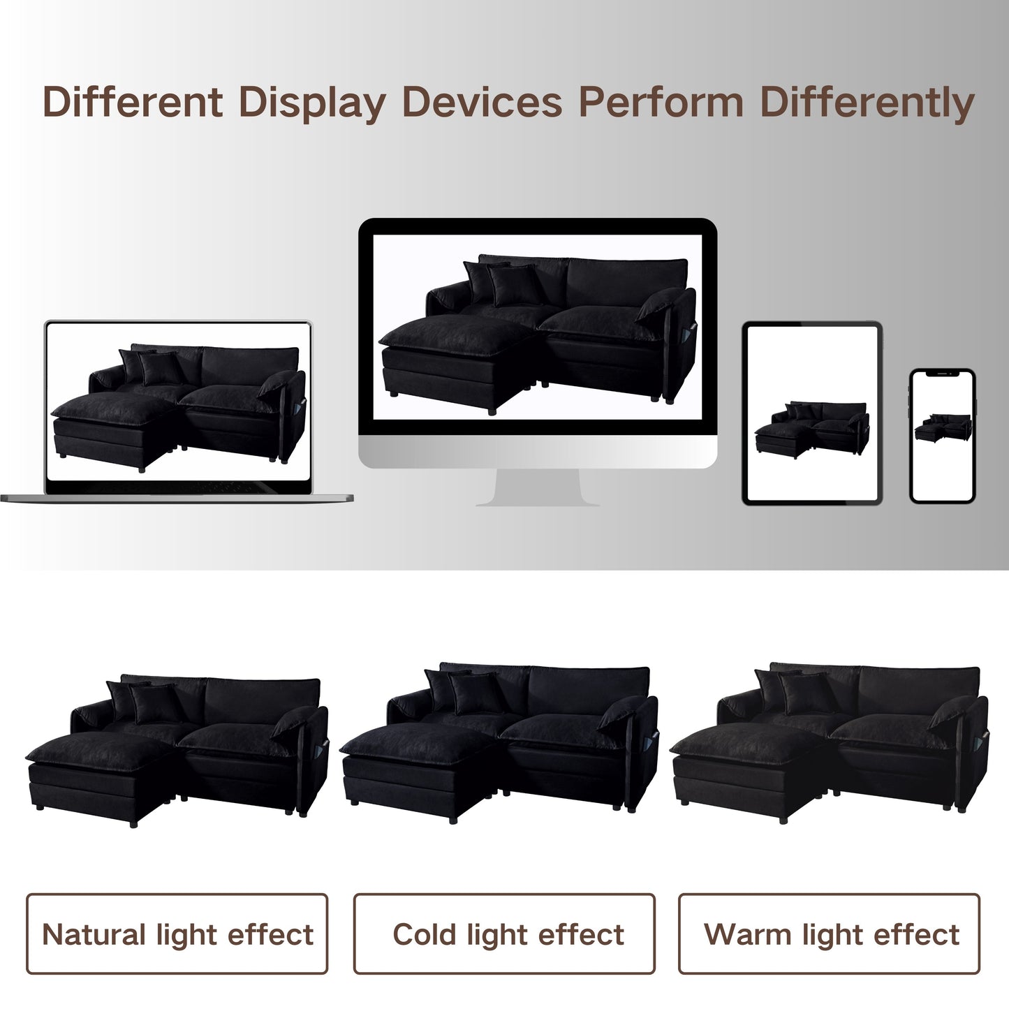 NEW Modern Chenille Deep Seat Sectional Sofa Cloud Couch with Ottoman, Comfy Love Seat Upholstered Modular L Shaped Couch, Black