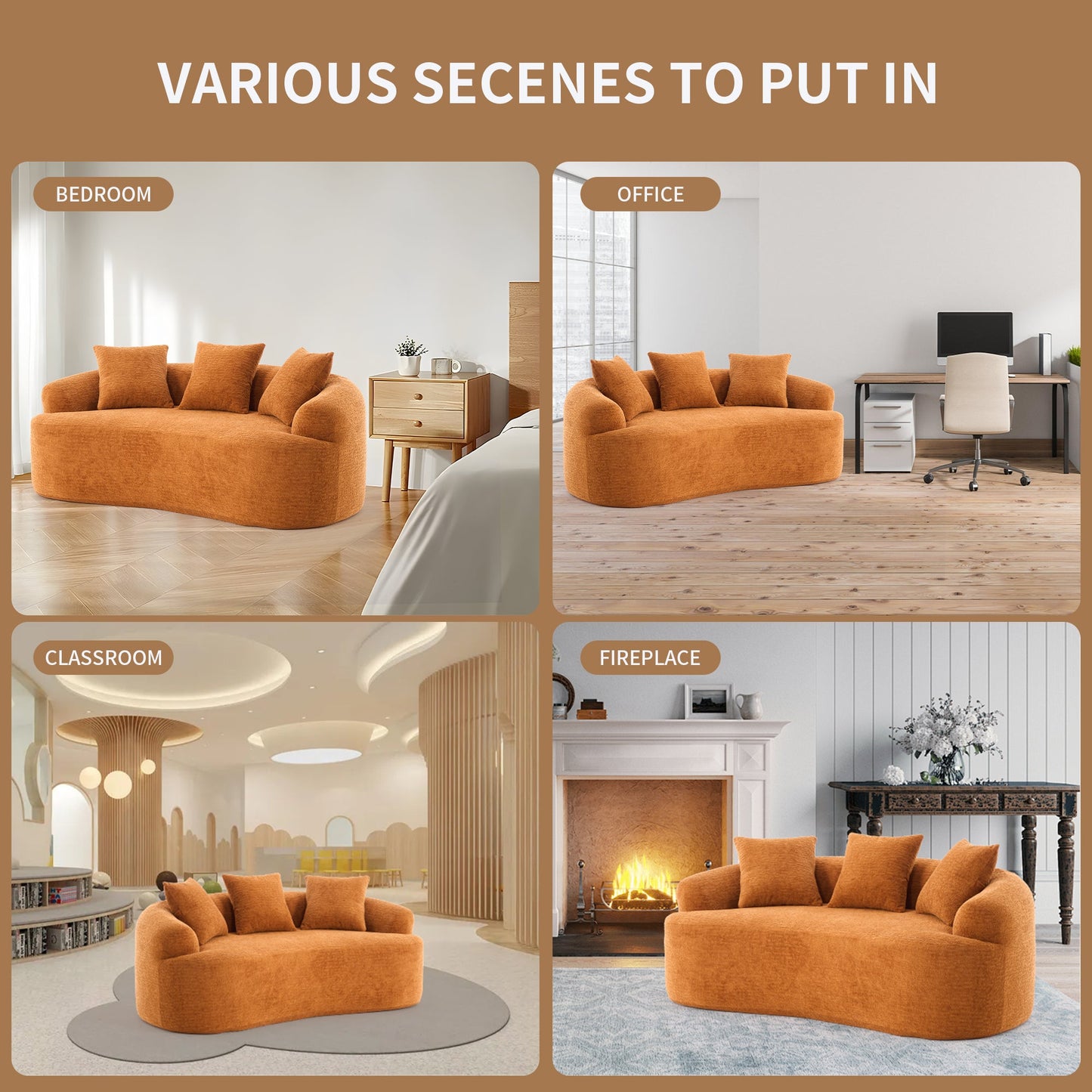 NEW Orange Curved Loveseat Full Compression Sponge Sofa 30D Chenille Couch