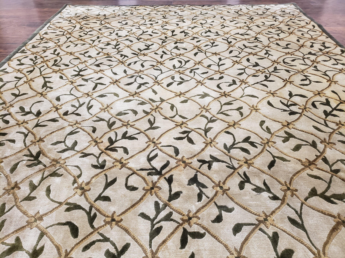 USED Vintage Tibetan Nepalese Area Rug 9x12, Wool Hand-Knotted, Beige Nepali Soft Pile Carpet, 9 x 12 Living Room Modern Dining Room Rug