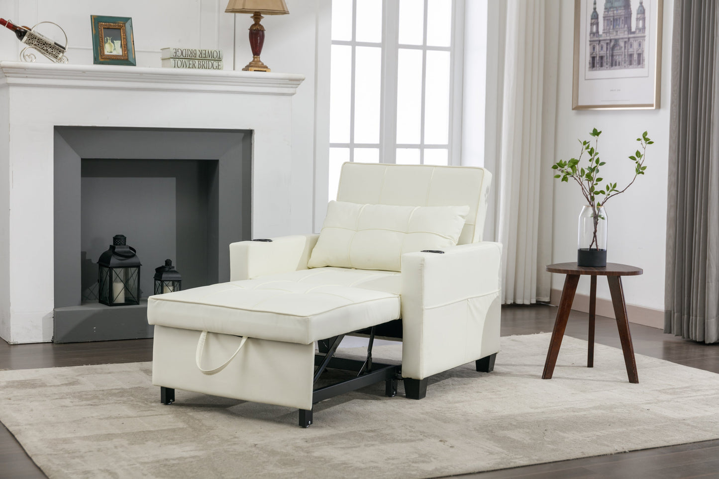 NEW Futon Chair Bed Convertible Chair 3-in-1 Pull Out Sleeper Chair Beds with USB Ports,Wear-resistant and Anti-scratch,  Armchair Bed Sleeper for Living Room (White Leather)