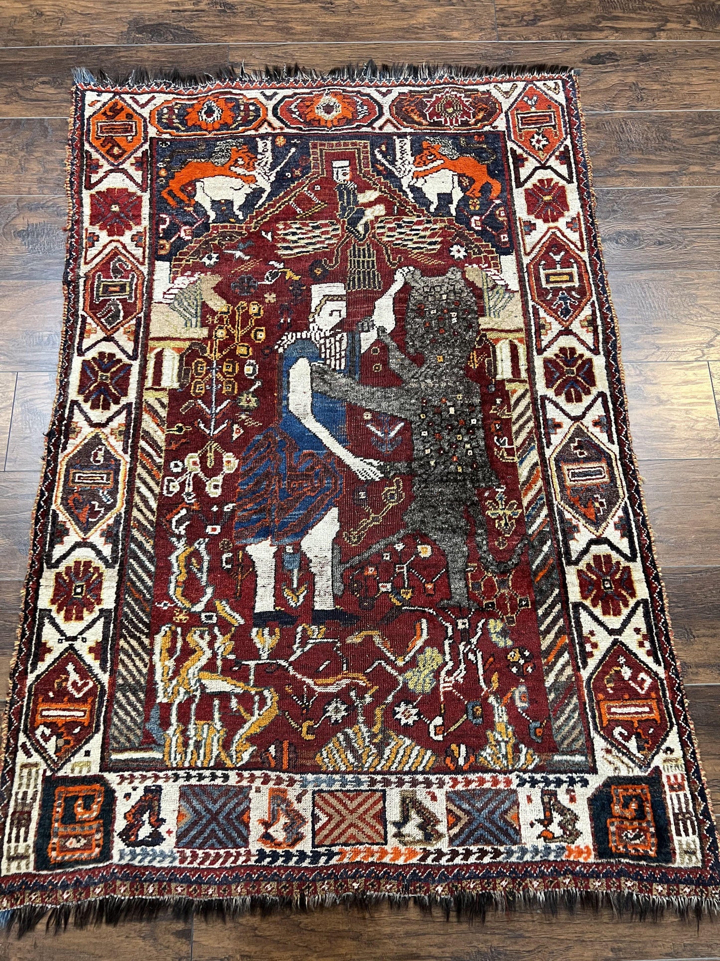 USED Antique Persian Shiraz Pictorial Rug 3.6 x 5, Persian Tribal Rug, Handmade, Lions, Highly Unique Collectible Small Persian Carpet, Maroon, Wool