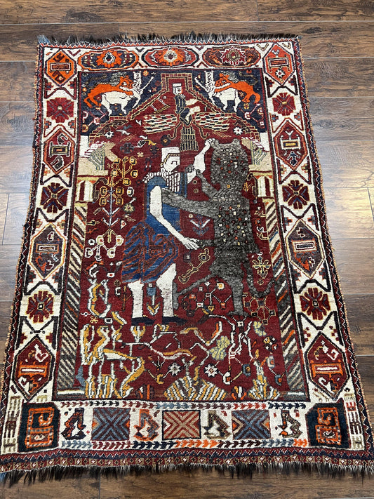 USED Antique Persian Shiraz Pictorial Rug 3.6 x 5, Persian Tribal Rug, Handmade, Lions, Highly Unique Collectible Small Persian Carpet, Maroon, Wool