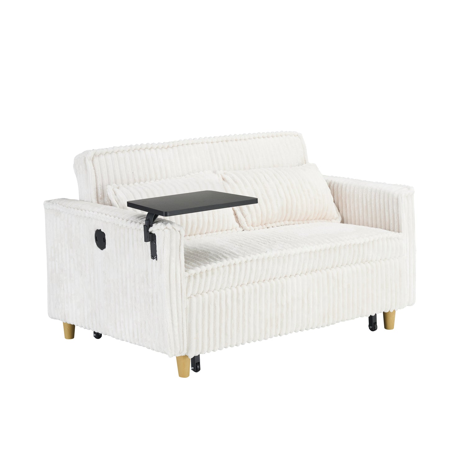 NEW Pull-out Push-in Beige Corduroy Sofa with Dual Functions Movable Tabletop and USB Ports