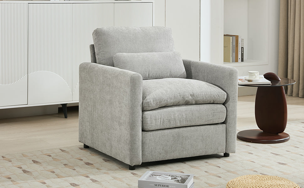 NEW Light Grey Chenille Cozy Upholstered Oversized Comfy Cloud Double Cushion Single Armchair Sofa
