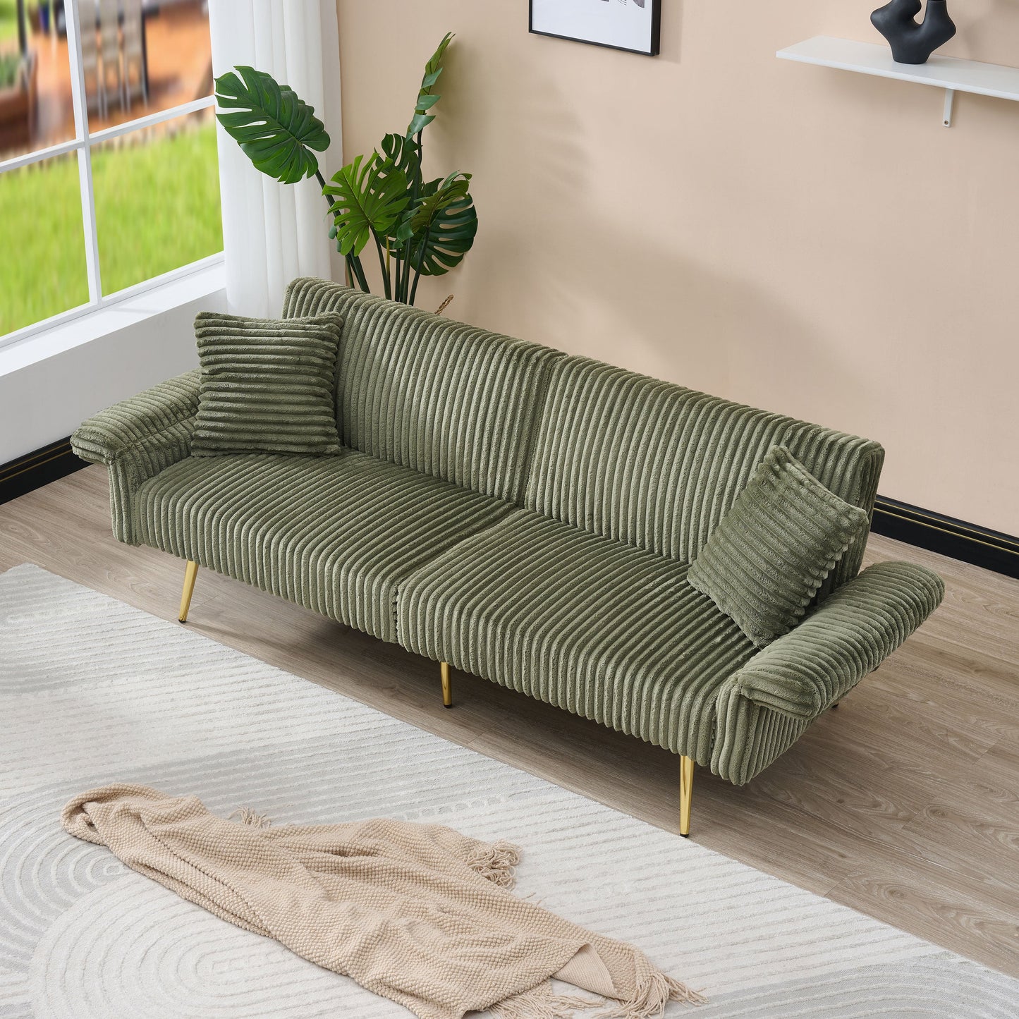 NEW Modern Corduroy Sofa Bed, Foldable Double Sofa with Armrests, Green Velvet, 79 Inch