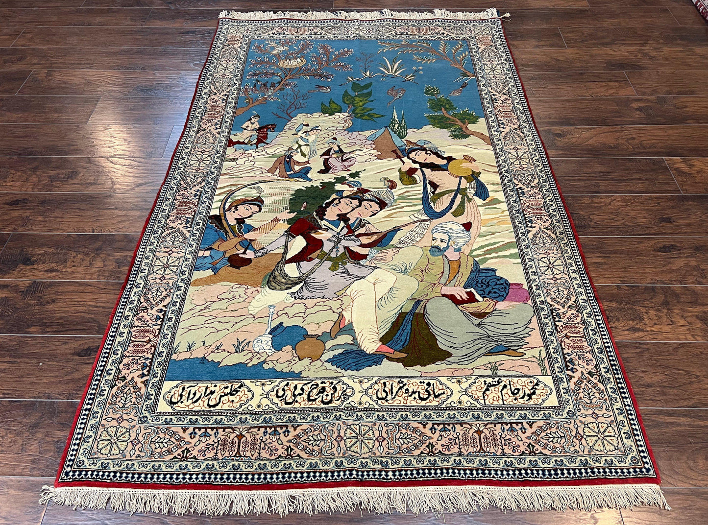 USED Vintage Persian Qum Pictorial Rug 5x7 - Wool & Silk