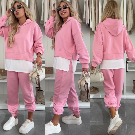 New Hooded Sweatshirt Suit Loose Long Sleeve False Two-piece Tops And Jogger Sports Trousers Casual Spots Set For Women's Clothing