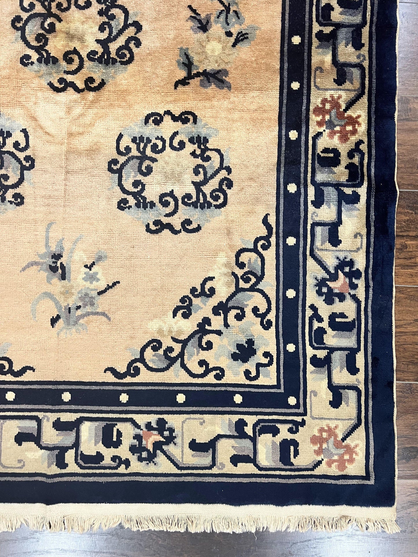 USED Chinese Peking Rug 4x6, Wool Hand Knotted Handmade Vintage Semi Antique Carpet, Semi Open Field, Light Peach & Navy Blue, Art Deco Rug