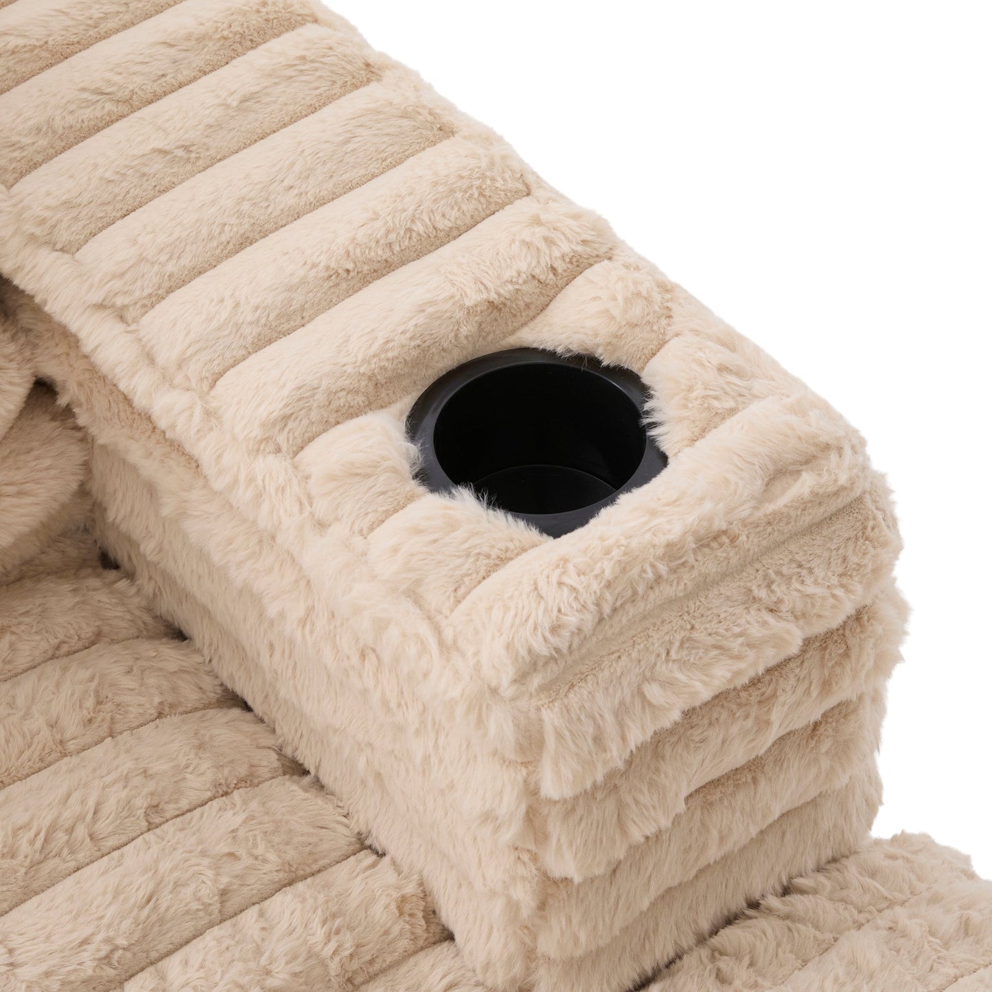 NEW Plush Champagne Faux Rabbit Fur Upholstered Oversized Double Chaise Lounge Sofa with USB Ports and Cup Holders