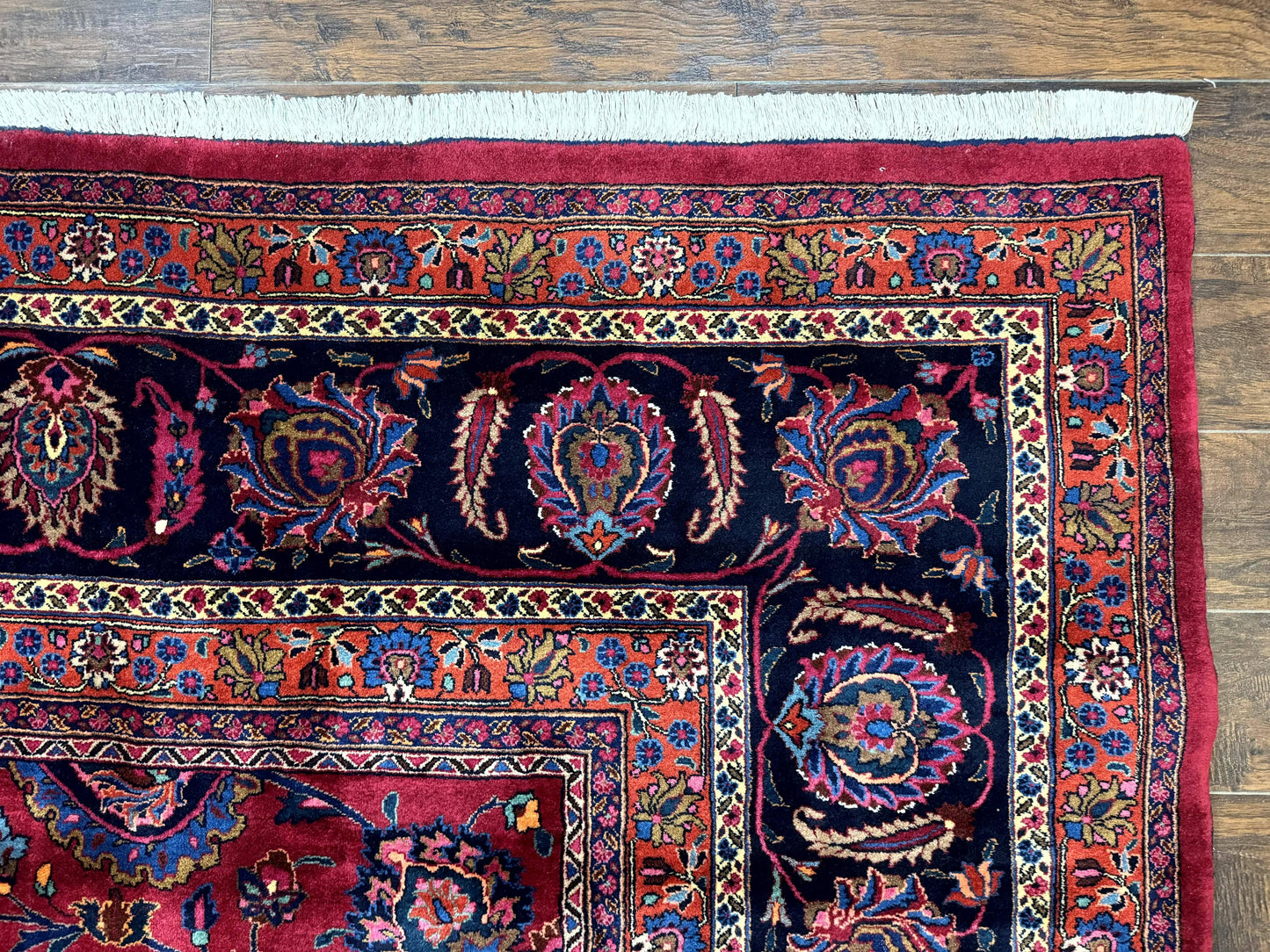 USED Palace Size Persian Mashad Rug 12x16, Raspberry and Navy Blue, Signature from Master Weaver, Antique Handmade Large Wool Carpet