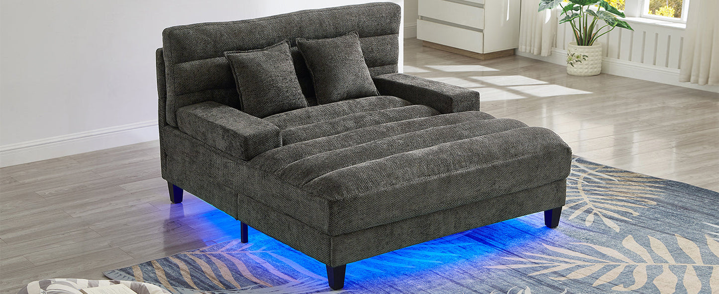 NEW  Grey Chenille LED Light Strip Upholstered Modern Chaise Lounge Sofa Bed
