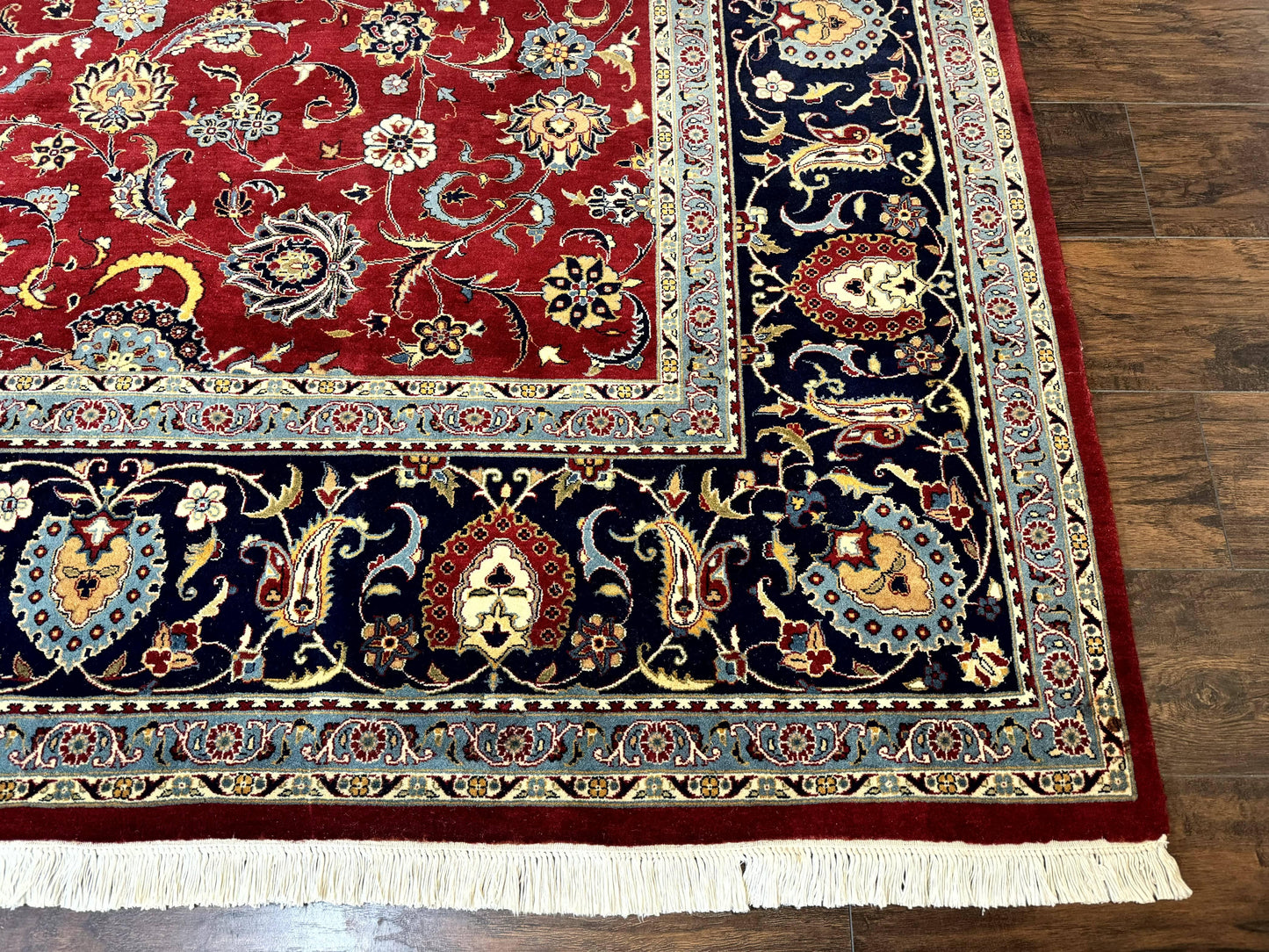 USED Pak Persian Rug 9x12, Red and Navy Blue, Floral Allover, Hand Knotted Vintage Wool Carpet, Fine 260 KPSI