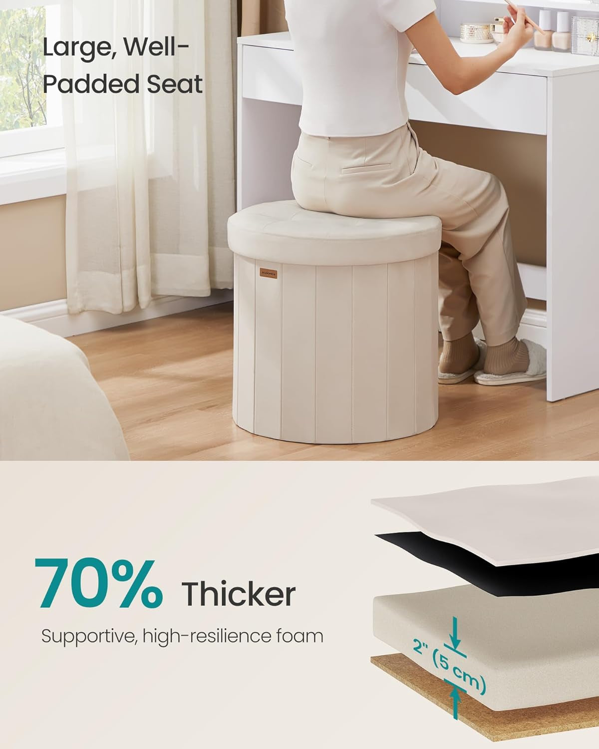 NEW Round Folding Storage Ottoman Cappuccino Beige Velvet