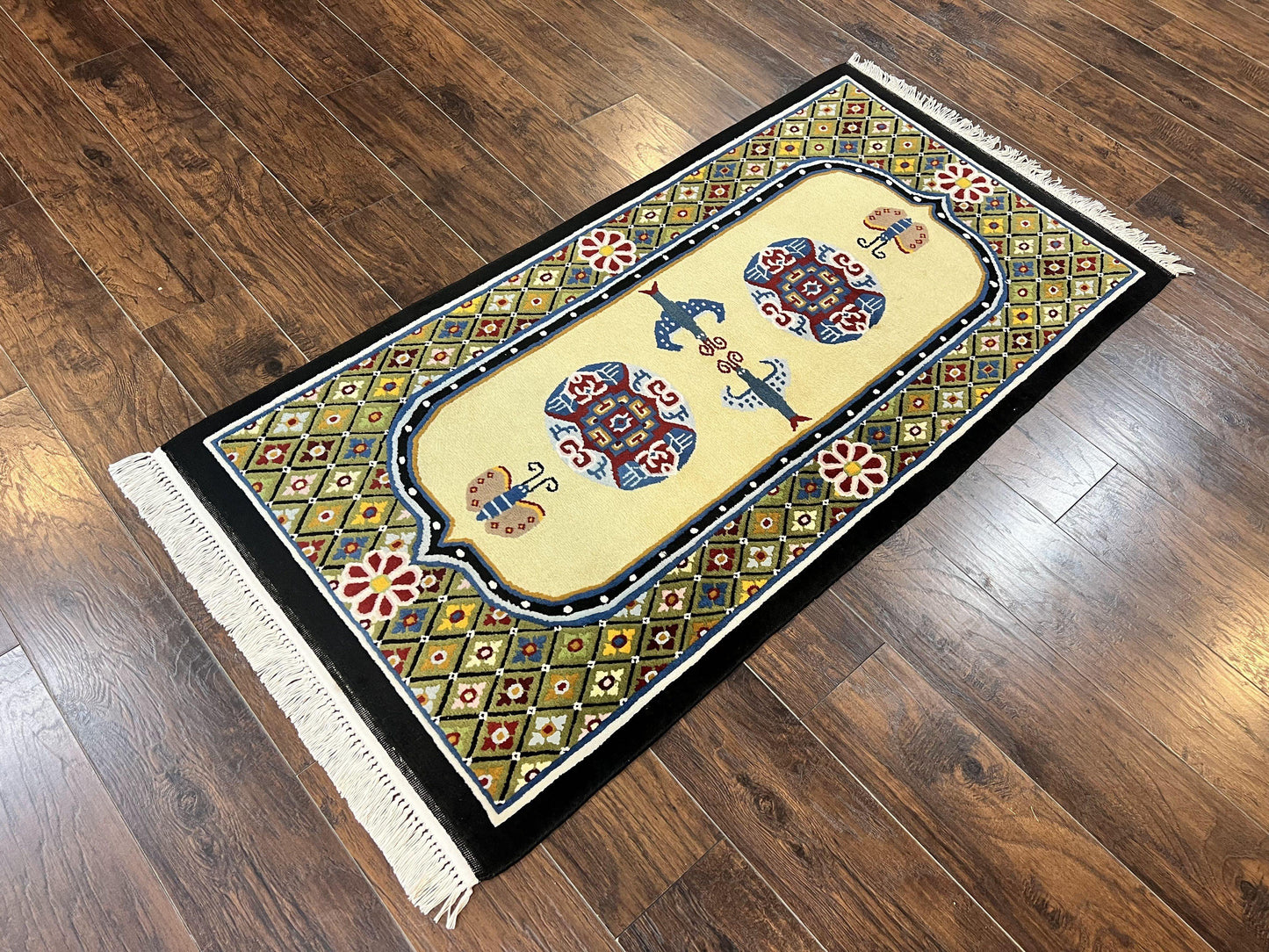 USED Chinese Rug 3x6 ft, Chinese Wool Rug, Tiensin Rug, Handmade Wool 3 x 6 Vintage Peking Rug, Art Deco Rug, Butterflies