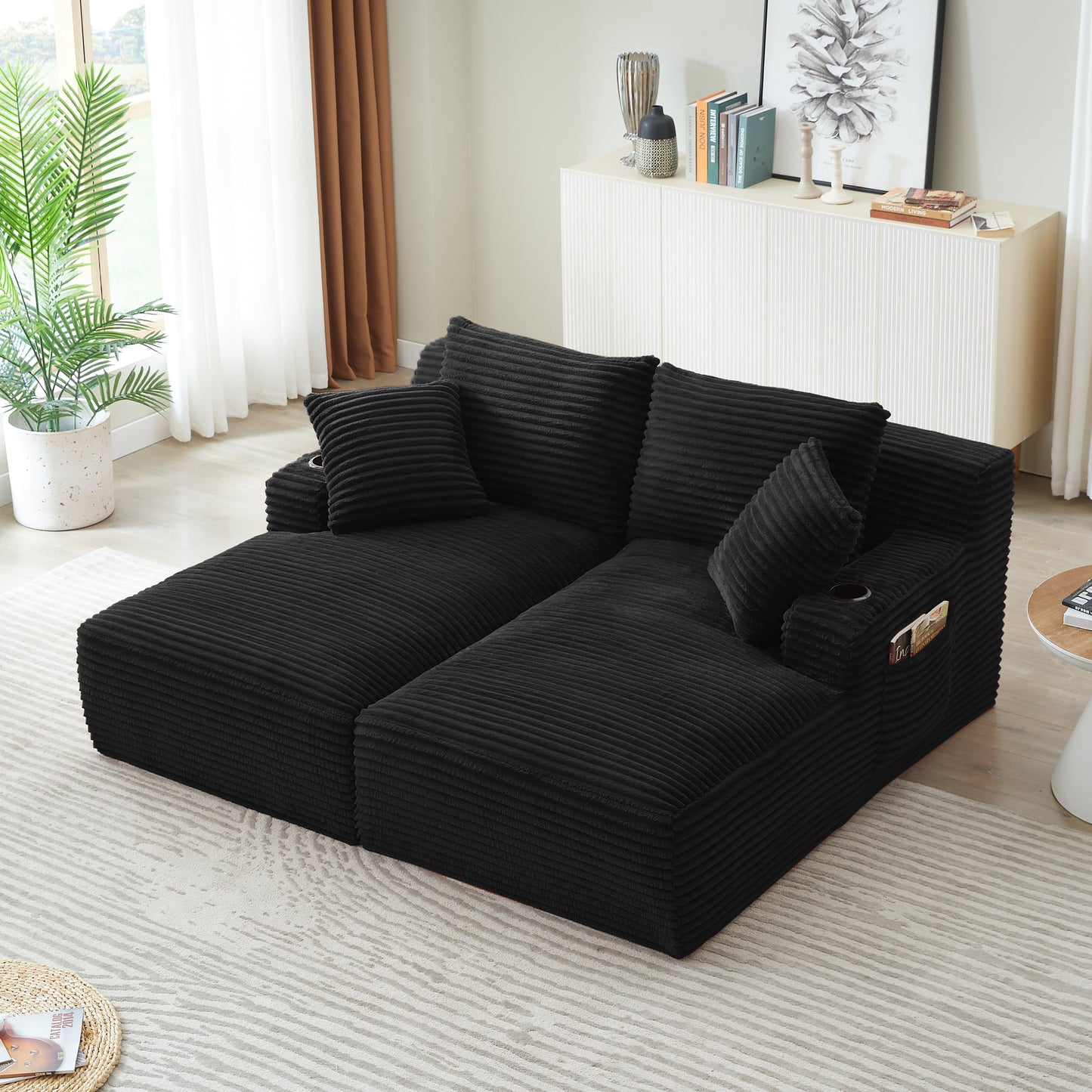 NEW Fluffy Black Corduroy Modern Compressible Double Chaise Lounge Loveseat Sleeper with Cupholders