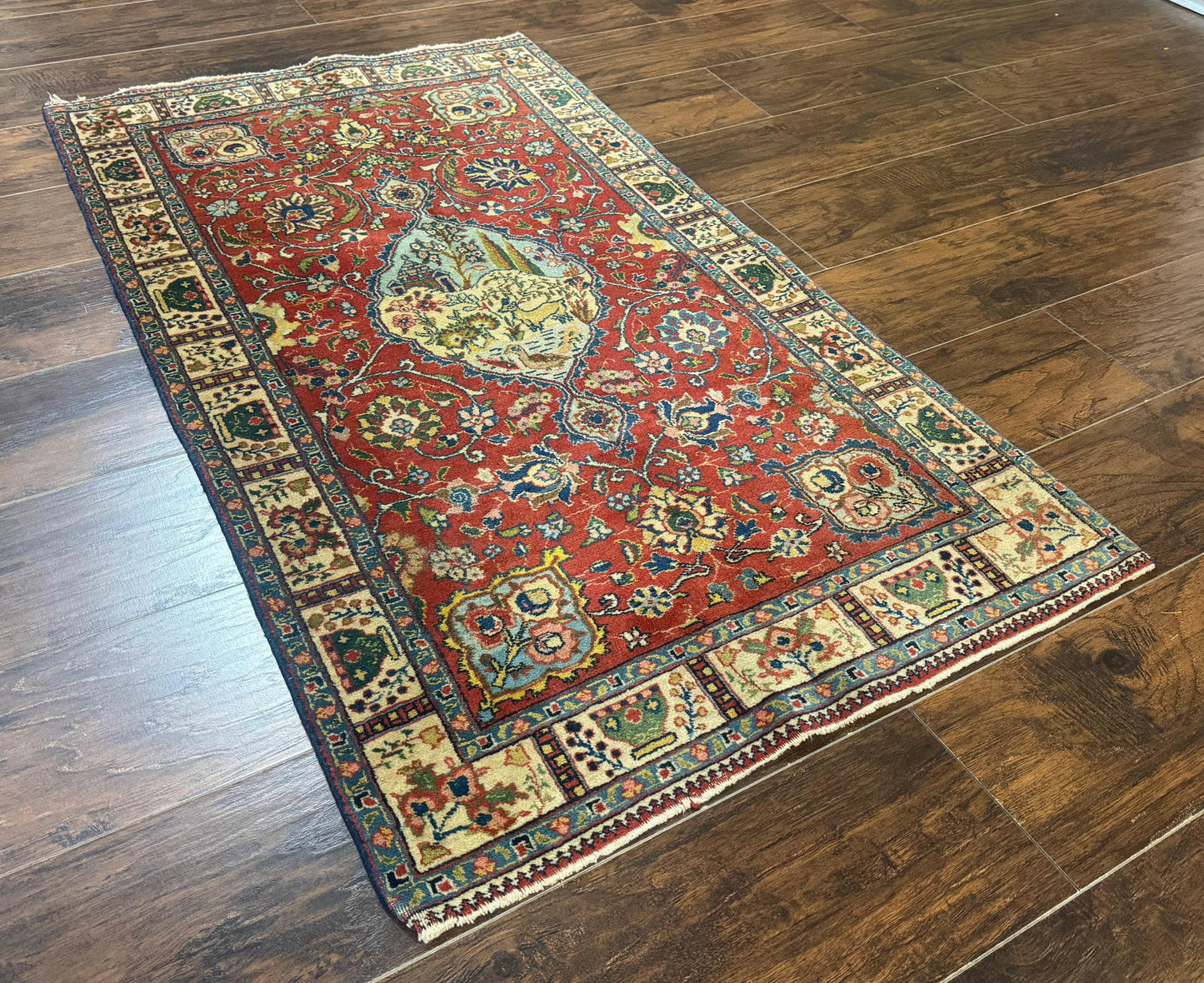 USED Small Persian Tabriz Rug 2.8 x 4.7, Red, Animal Pictorials, Semi Antique Vintage