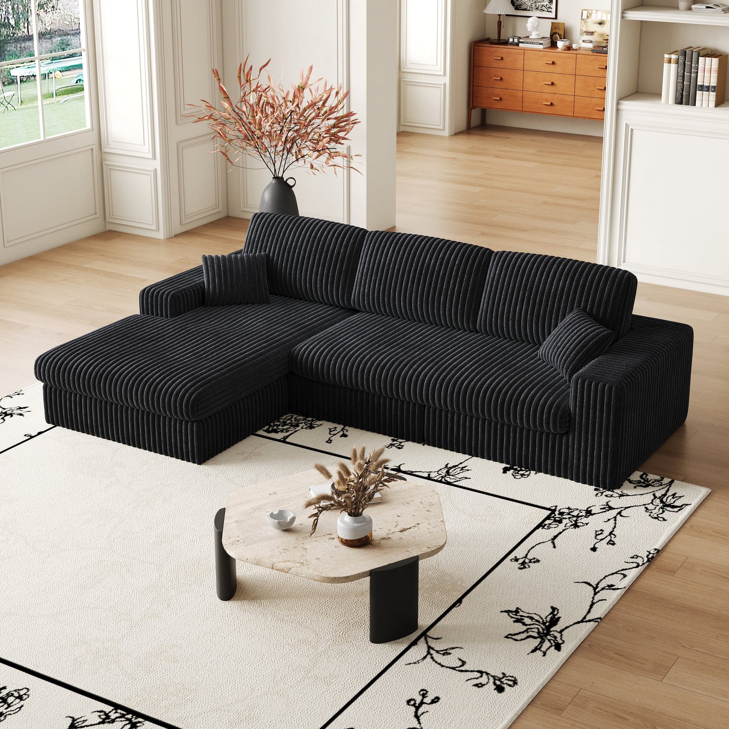 NEW 114.5' Modern Corduroy Modular Foam Sofa Recliner Seat Reversible 2-in-1 Sofa Recliner L-Shaped Combination with Three Cushion Neck Pillow Combination and Two Throw Pillows