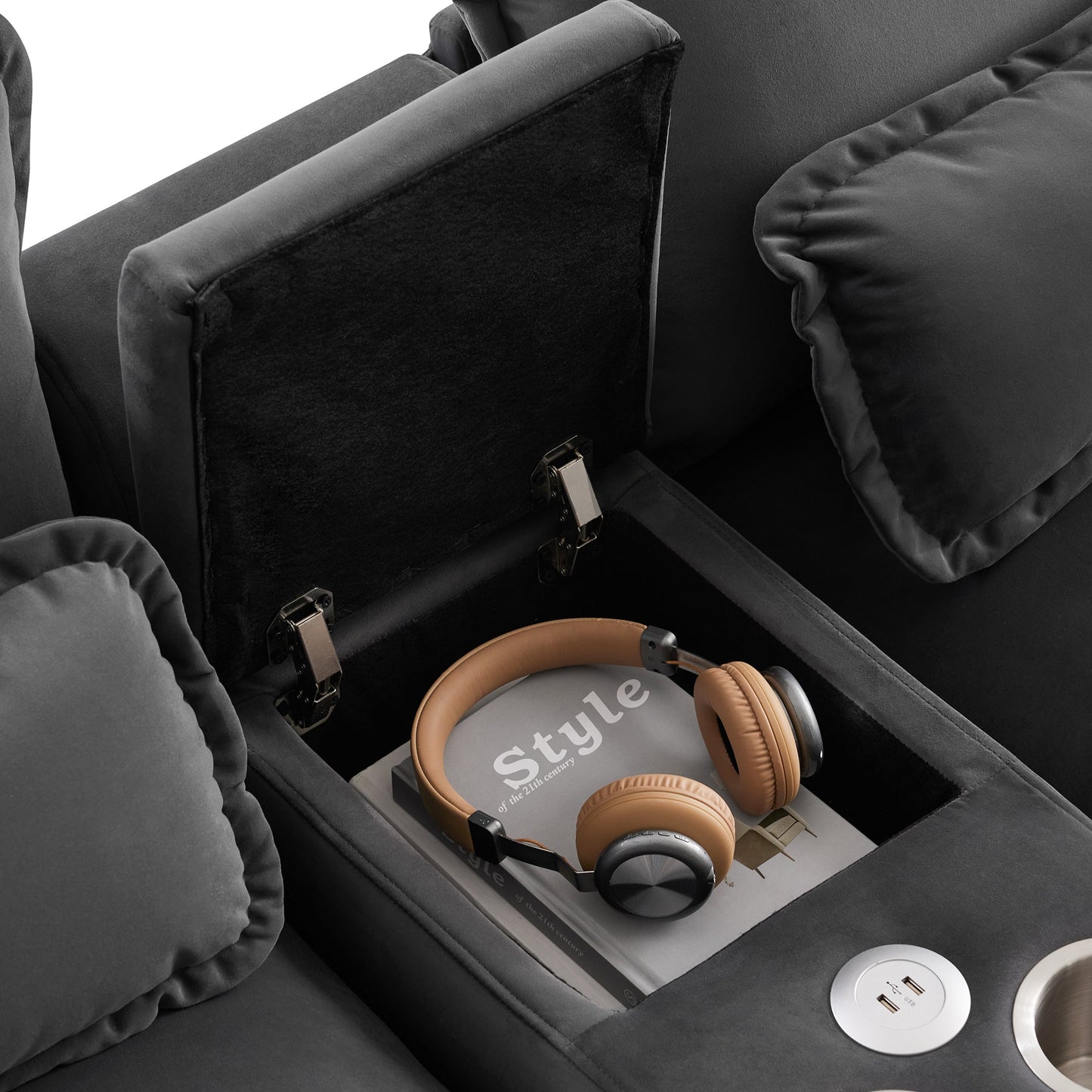 NEW Modern Gray Velvet Upholstered U-shaped 6-Seat Sofa with Console Cupholders and USB Ports