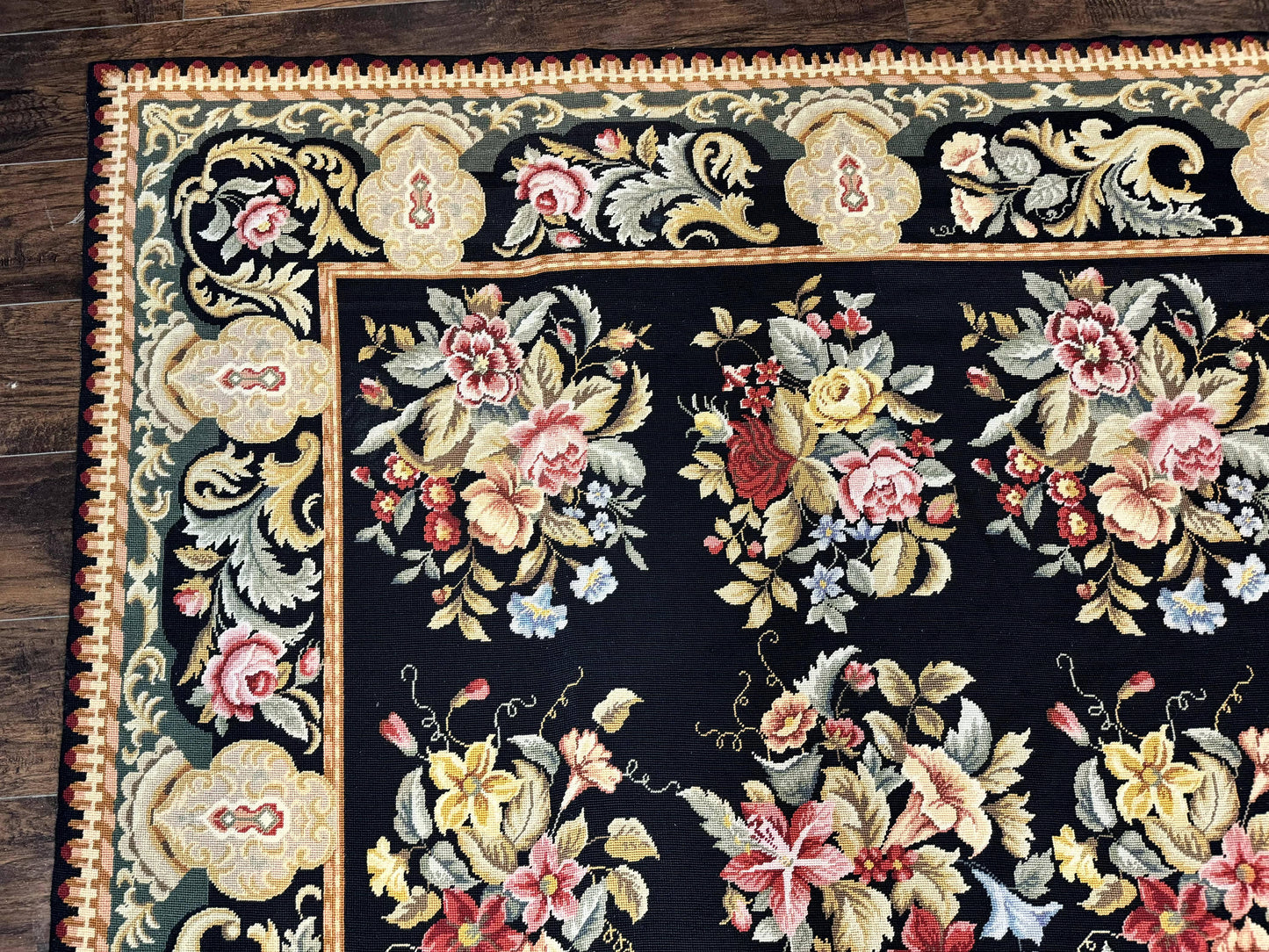 USED Palace Size Needlepoint Rug 12x16, Black and Colorful, Floral Panel, Handmade Oversized Wool Needlepoint Carpet, Rare