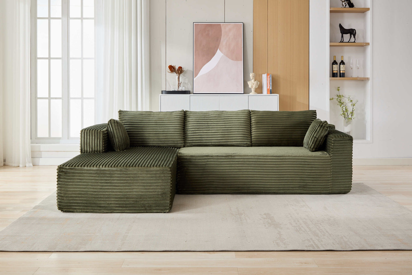 NEW Compression Sectional Couch with Comfy Chaise, Boneless L Shape Sofa with Deep Seat, Minimalist Modular Couches Sleeper for Living Room Bedroom Apartment Lounge,corduroy,Green