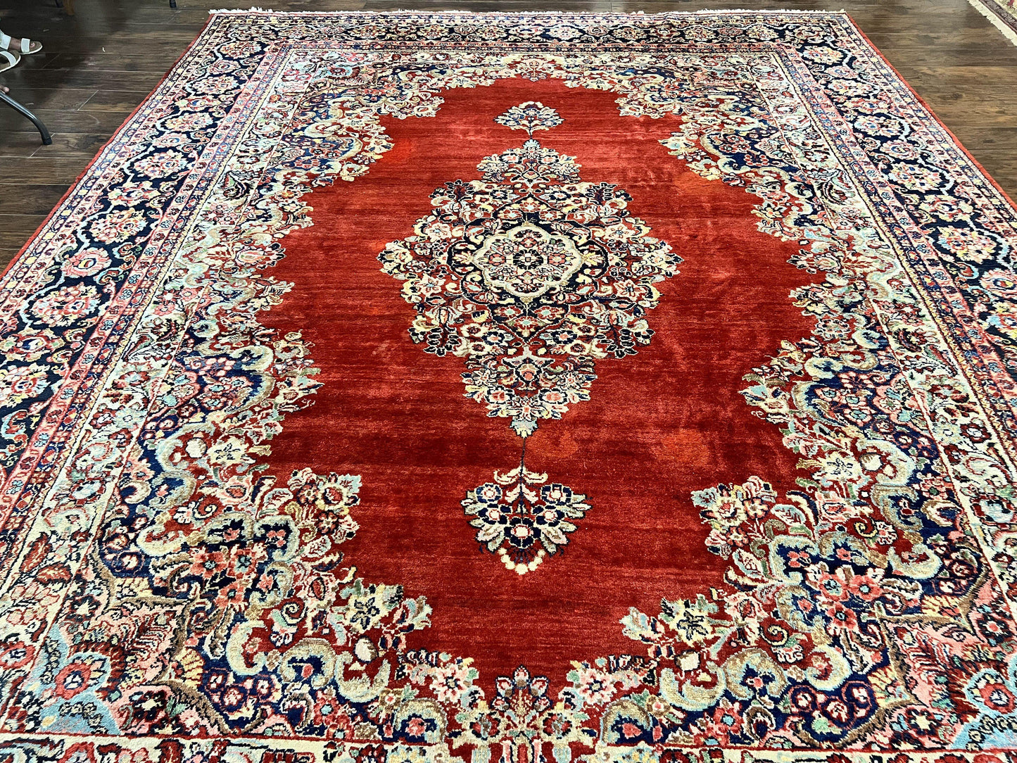 USED Persian Sarouk Rug 11x14, Semi Open Field, Large Antique Persian Wool Handmade Carpet, Red and Dark Blue, Floral