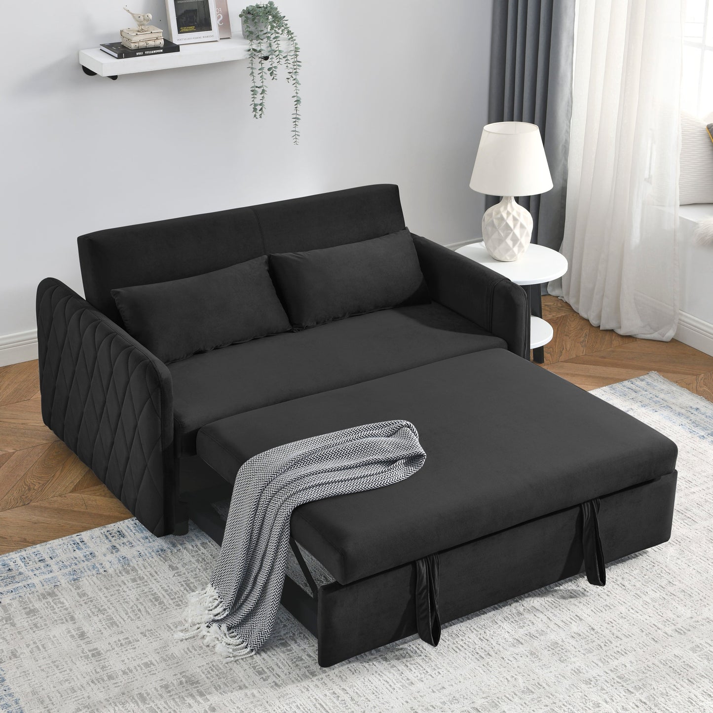 NEW 55' Modern Convertible Sofa Bed with 2 Detachable Arm Pockets, Velvet Loveseat Sofa with Pull Out Bed 2 Pillows Adjustable Backrest Grid Design Armrests