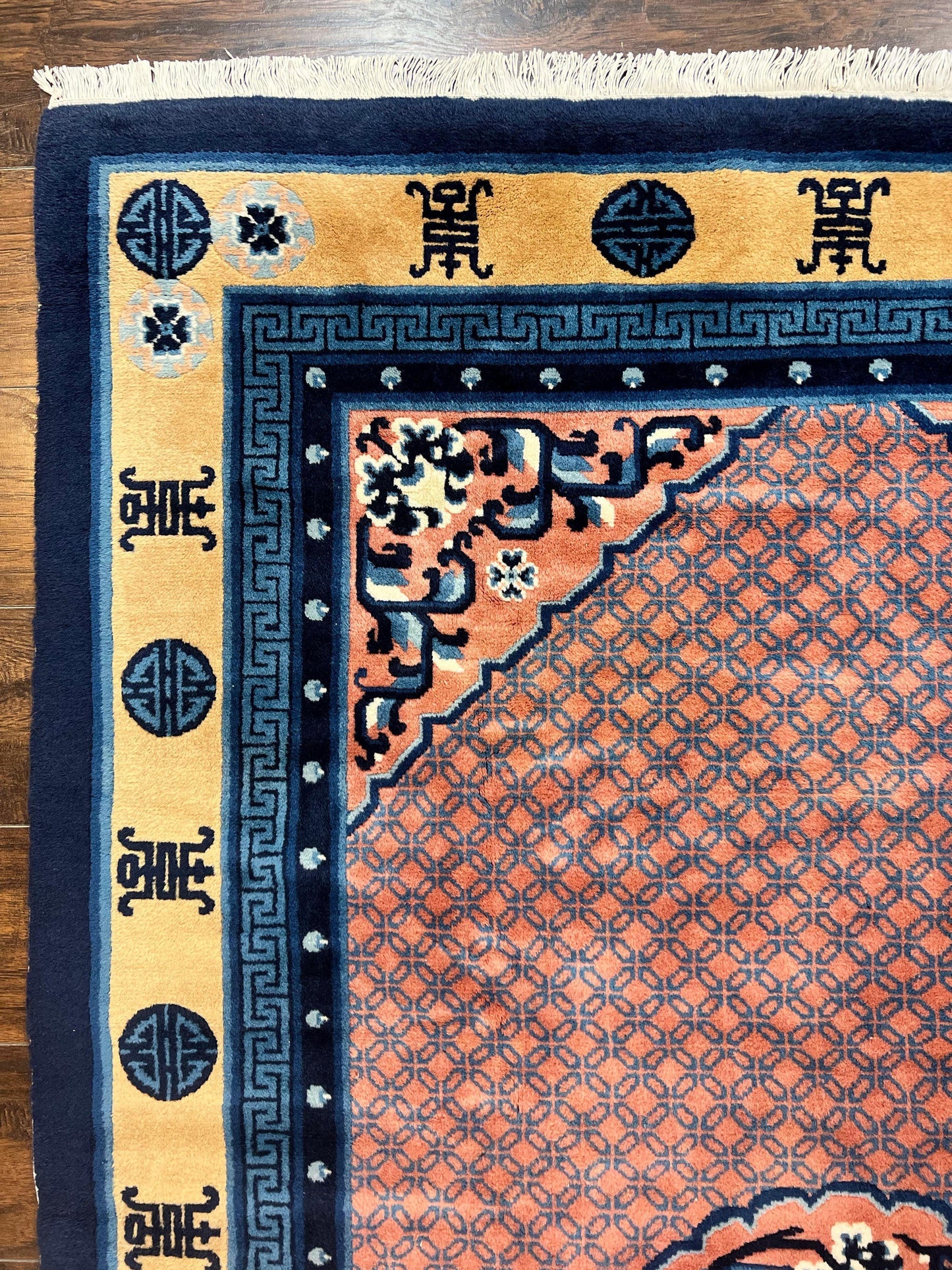 USED Chinese Peking Rug 5x8, Vintage Semi Antique Chinese Art Deco Carpet, Wool Pile Light Red/Salmon Gold Navy Blue, Handmade Asian Oriental Rug