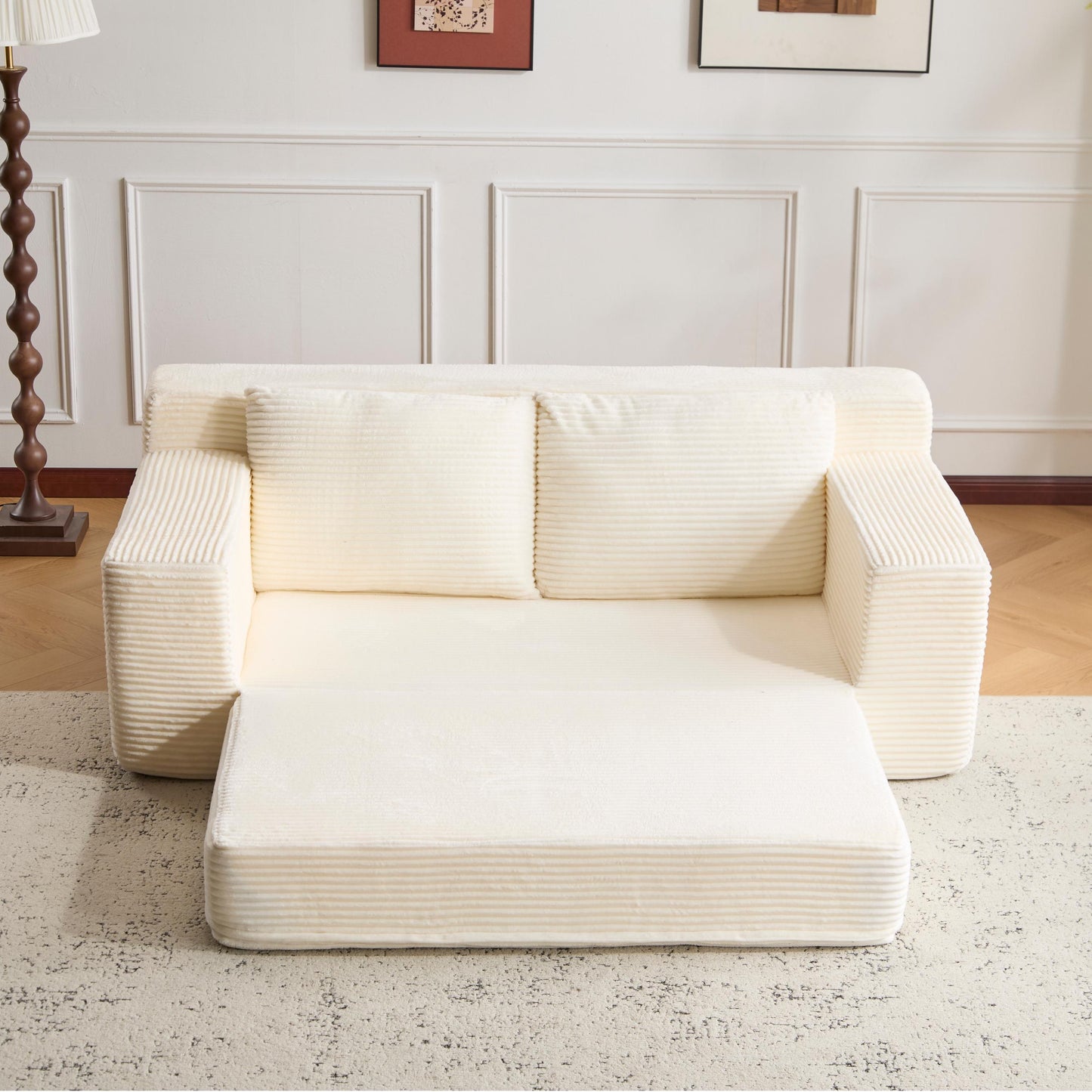NEW Loveseat Sofa, Comfortable Deep Seat Sofa Bed, Modern Small Corduroy Couch for Living Room Bedroom,Reversible Cushion with Pillows,No Assembly Required,White