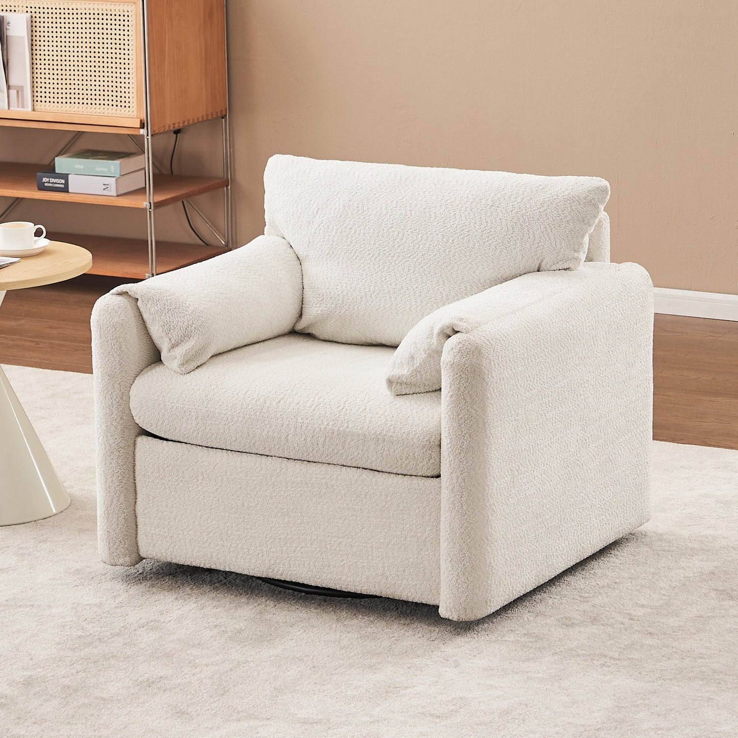 NEW Ivory White Swivel Ergonomic Reading Rotating Modern Single Seat Lounge Accent Chair with Chenille Fabric & High-Resilience Cushion
