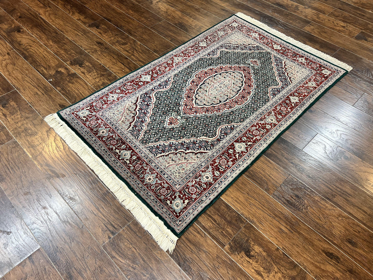 USED Sino Persian Rug 4x6, Wool with Silk Highlights, Fine Hand Knotted Carpet, Green & Maroon Red, Herati Medallion, Vintage Rug