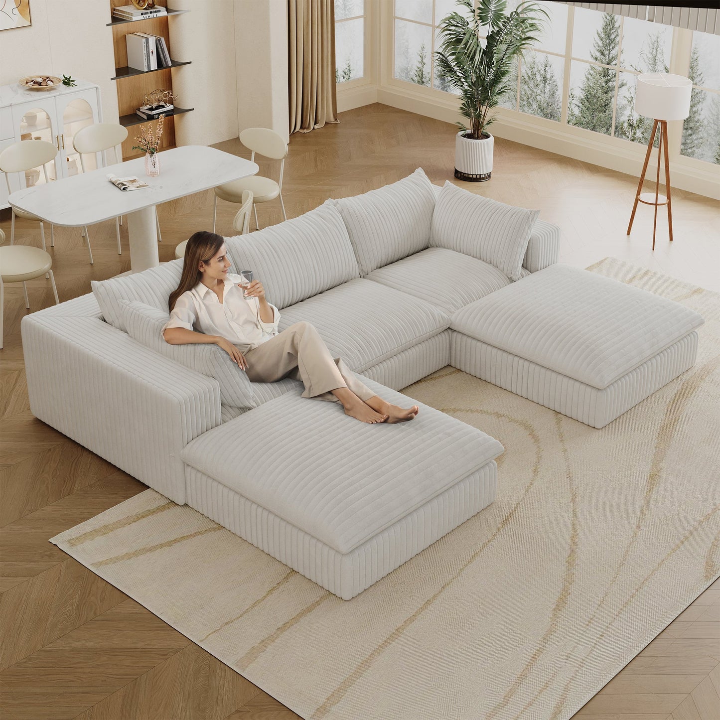NEW 118.2' White Cloud Corduroy Fabric Deep Seat Double-layer Couch with Removable Cushion