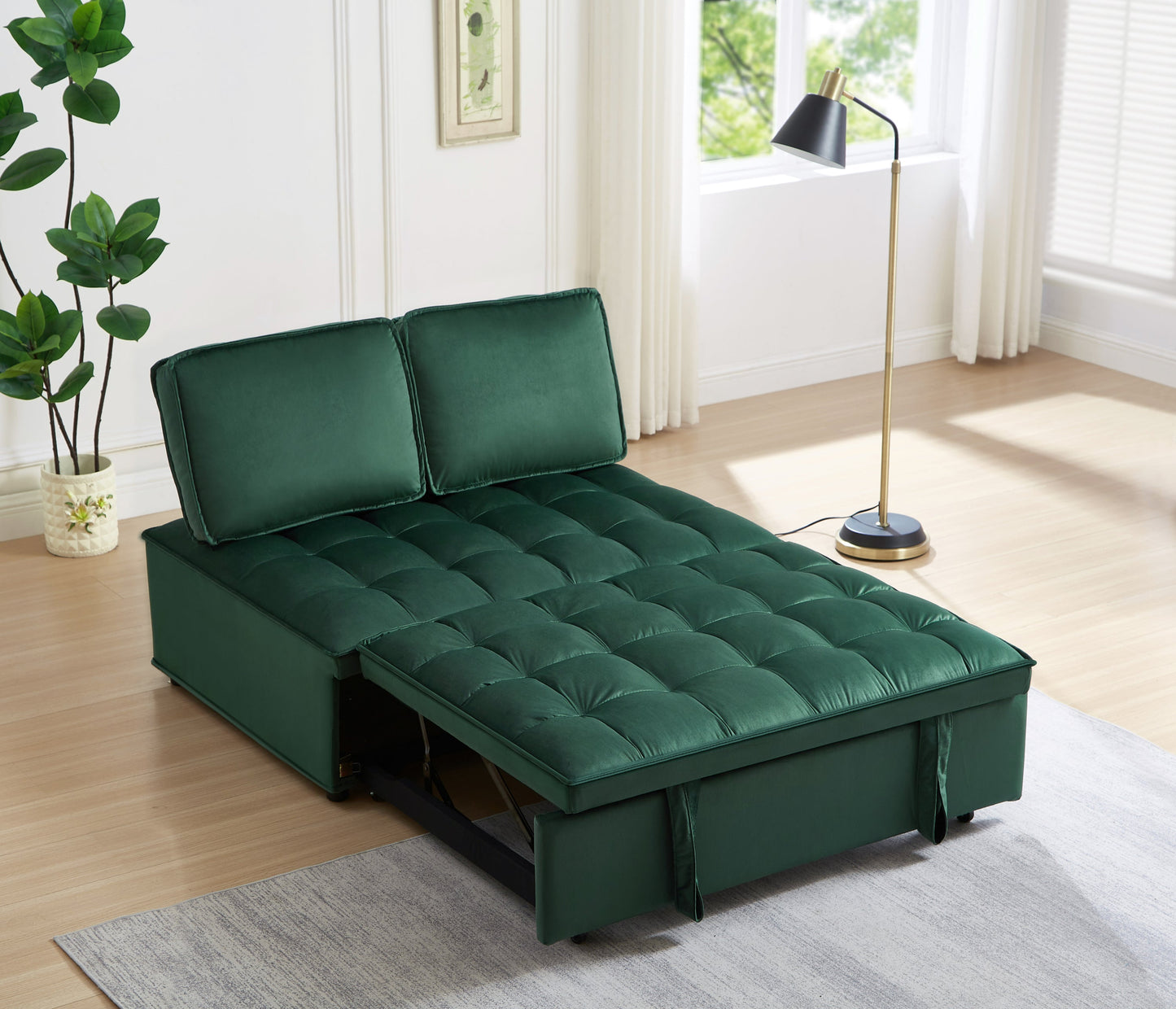 NEW Convertible Modern Green Velvet Fabric Double Seat Loveseat Sleeper Sofa Bed with 2 Detachable Backs
