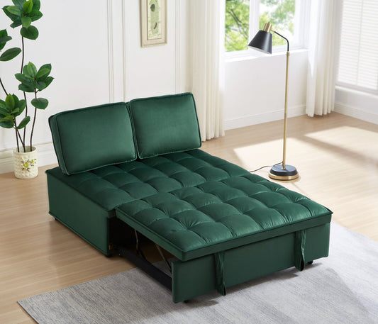 NEW Convertible Modern Green Velvet Fabric Double Seat Loveseat Sleeper Sofa Bed with 2 Detachable Backs
