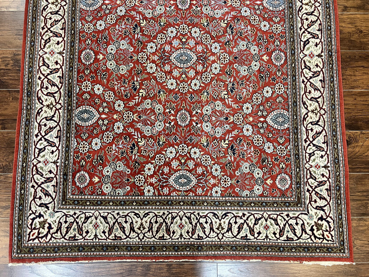 USED Red Persian Qum Rug 5 x 7.6, Hand Knotted Vintage Wool Fine Carpet 270 KPSI, Floral Allover