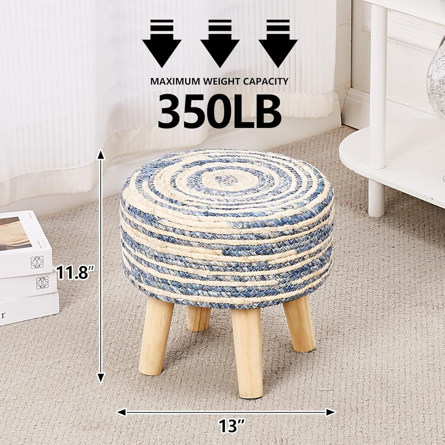 NEW Round Seagrass Ottoman Footstool Handwoven Natural Blue