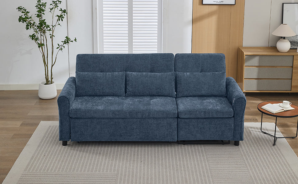 NEW 2-in-1 Sofa 82' Three-seater Sofa with Sofa Bed and Reversible Recliner, Blue Chenille