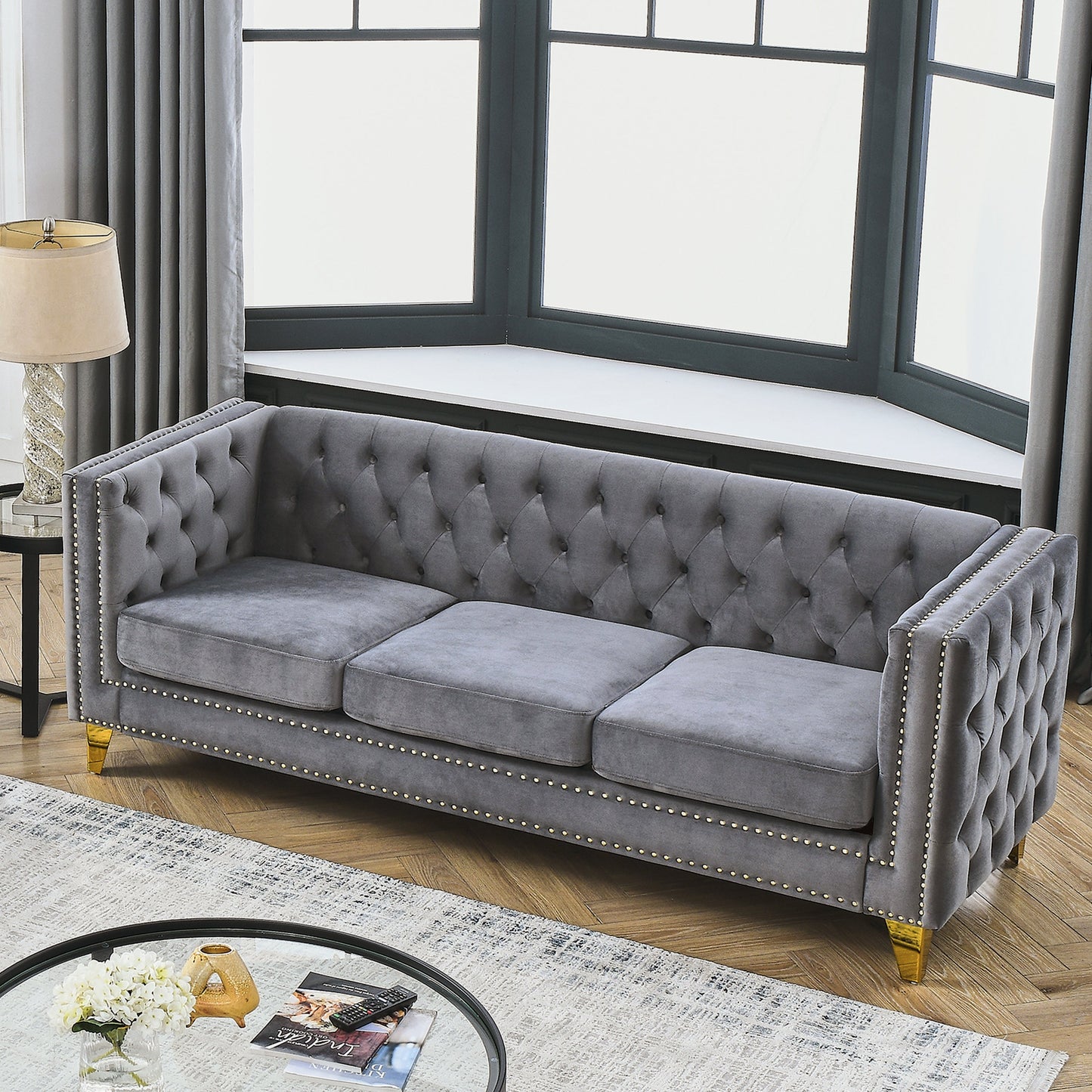 NEW Velvet Sofa for Living Room, Buttons Tufted Square Arm Couch, Modern Couch Upholstered Button and Metal Legs, Sofa Couch for Bedroom, Grey Velvet .2PCS