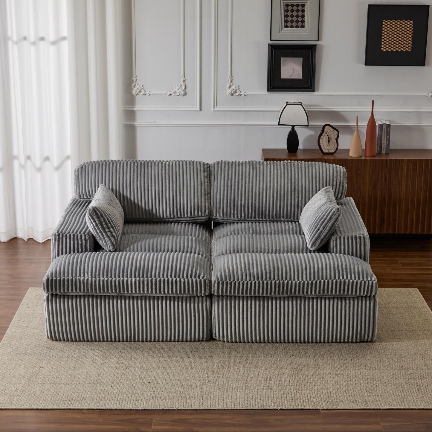 NEW Indoor Grey Corduroy Oversized Upholstered Double Chaise Lounge Chair Oversized Upholstered Sleeper Cloud Couch Deep Seat Luxury Sectional Sofa Bed Chaise Lounge
