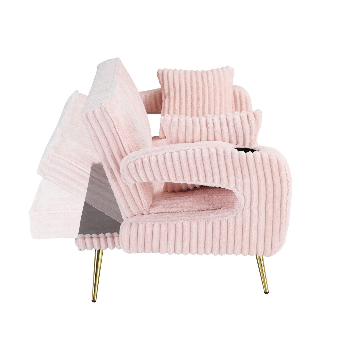 NEW 74 inch Straight Pink Corduroy Adjustable  Sofa Bed with Pillows