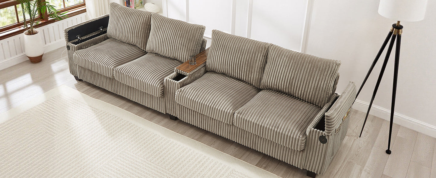 NEW Modern 4-Seater Corduroy Sofa Couch with USB Ports, Hidden Storage Arms, and Flip-Top Cup Holders, Brown, 133 Inches