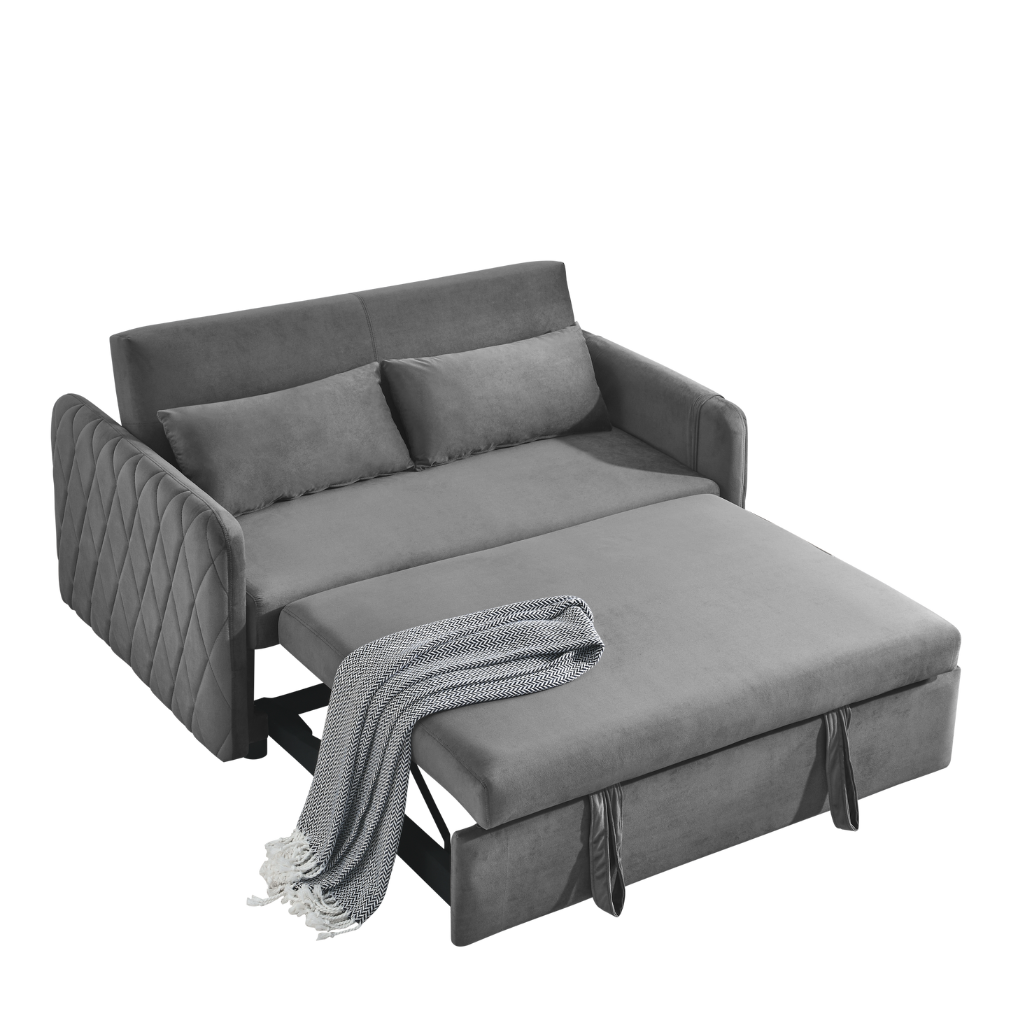 NEW 55' Modern Convertible Sofa Bed 2 Detachable Arm Pockets Velvet Loveseat Adjustable Backrest Grid Design Armrest Couch Sofa with Pull Out Bed and 2 Pillows