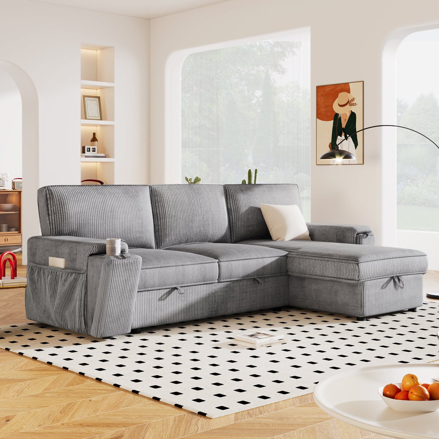 NEW U_STYLE Upholstery Sleeper Sectional Sofa with Storage Bags and 2 cup holders  on Arms